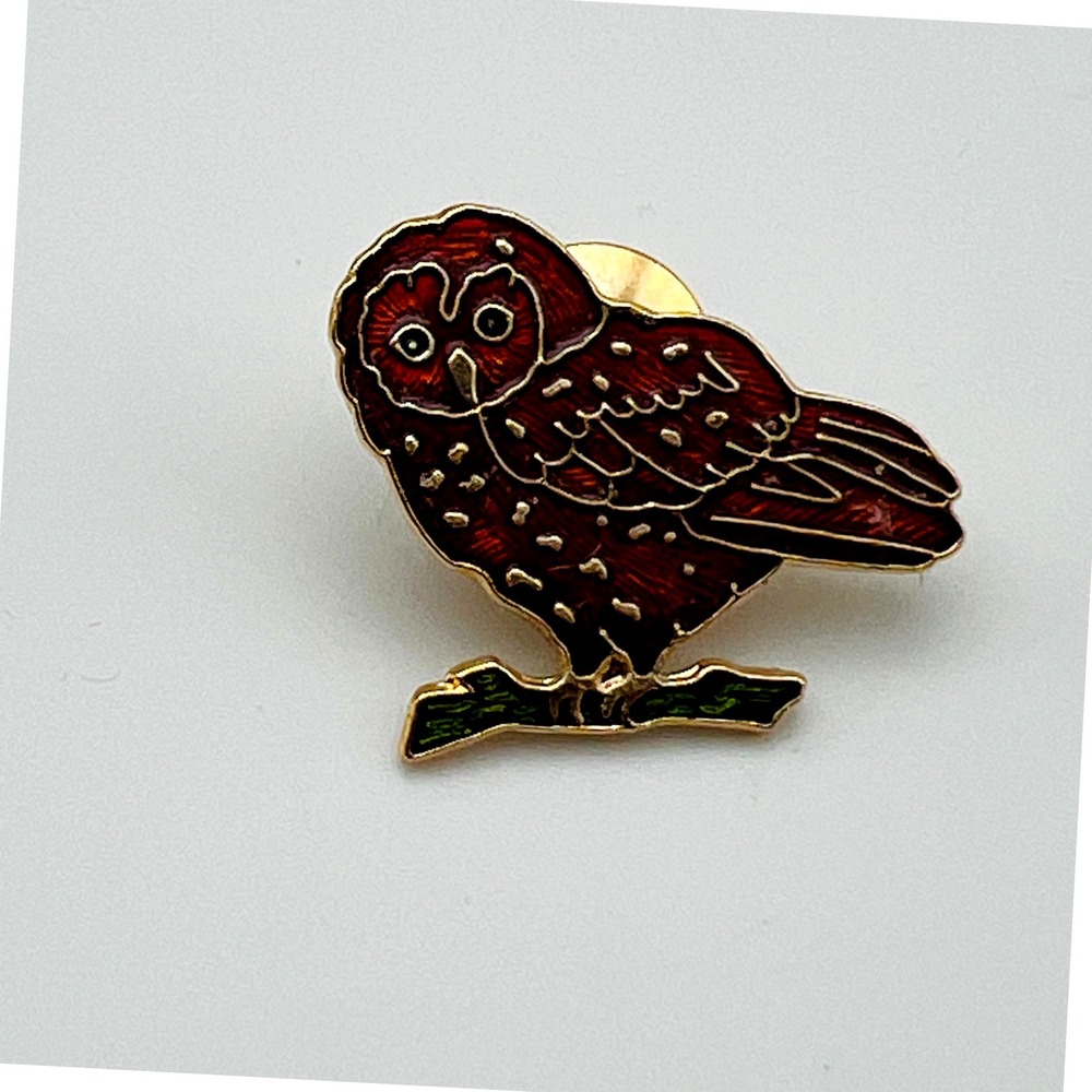Vintage Owl Enamel Lapel Hat Pin Red Bird Branch Gold Tone Tie Tack